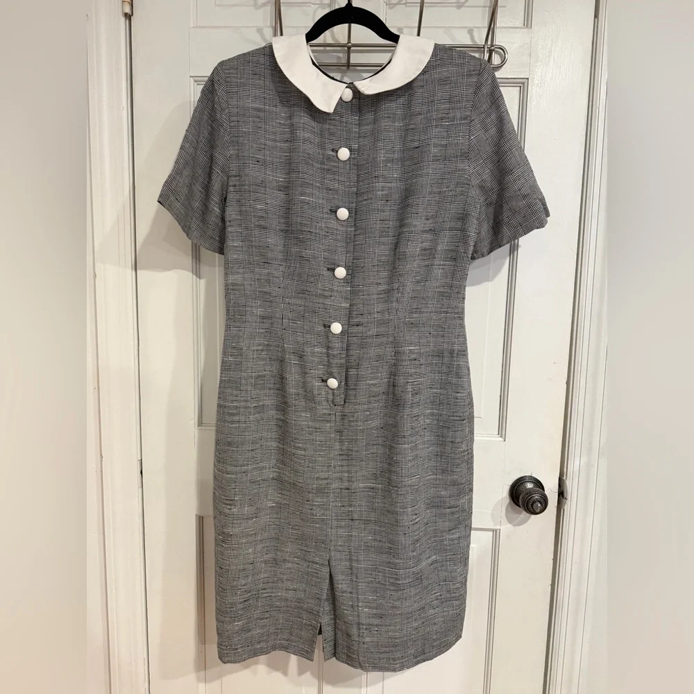 Vintage 1980’s Brooks Brothers Black White Houndstooth Dress with White Collar - Picture 4 of 8